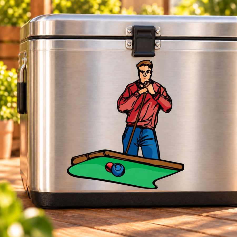 Billiard thinking man sticker featuring a man in red shirt by a green pool table
