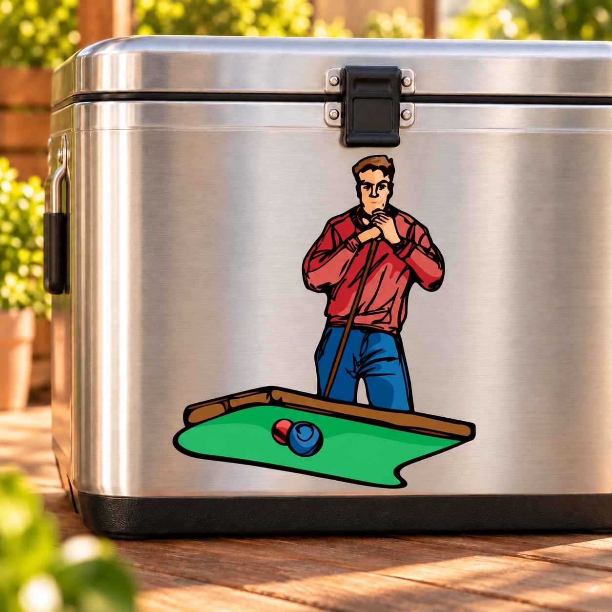 Billiard thinking man sticker featuring a man in red shirt by a green pool table