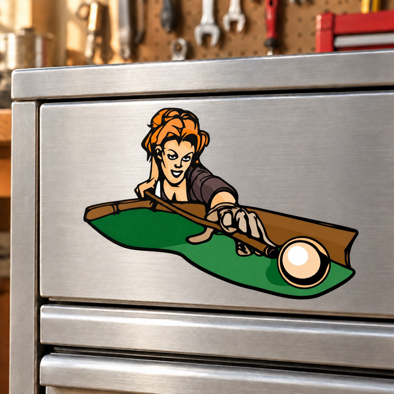 Billiard angled shot sticker of smiling woman with orange hair aiming cue over green table