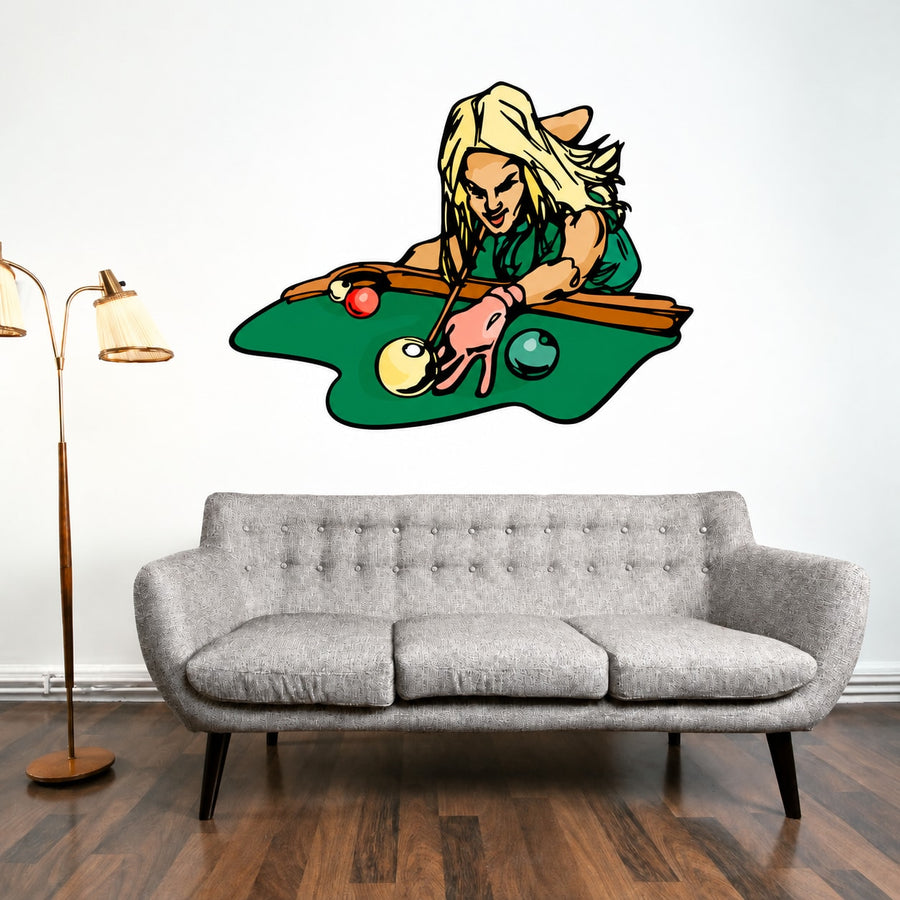 Billiard angled shot wall sticker with illustrated pool player on green felt table