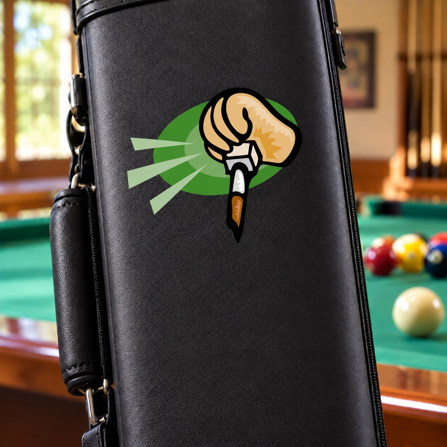 Billiard rubbing chalk sticker on black cue case with hand holding chalk icon