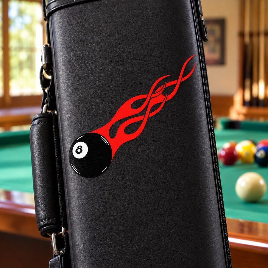Billiard 8 ball flaming sticker on black surface with red flame graphics