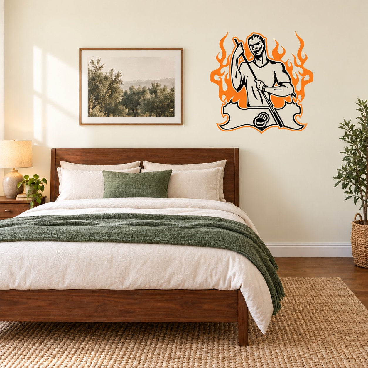 Flaming pool table player wall decal, white figure with orange flames and cue