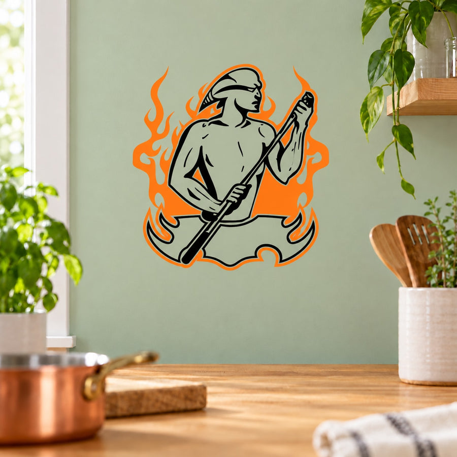 Pool table devil player decal with orange flames, cartoon character holding a cue