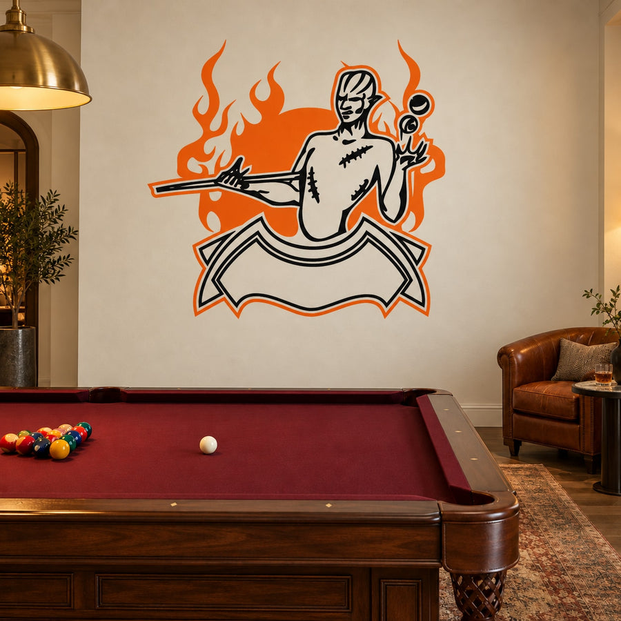 Flame demon pool player wall decal: cartoon cue-holder with orange fire accents