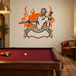 Flame demon pool player wall decal: cartoon cue-holder with orange fire accents