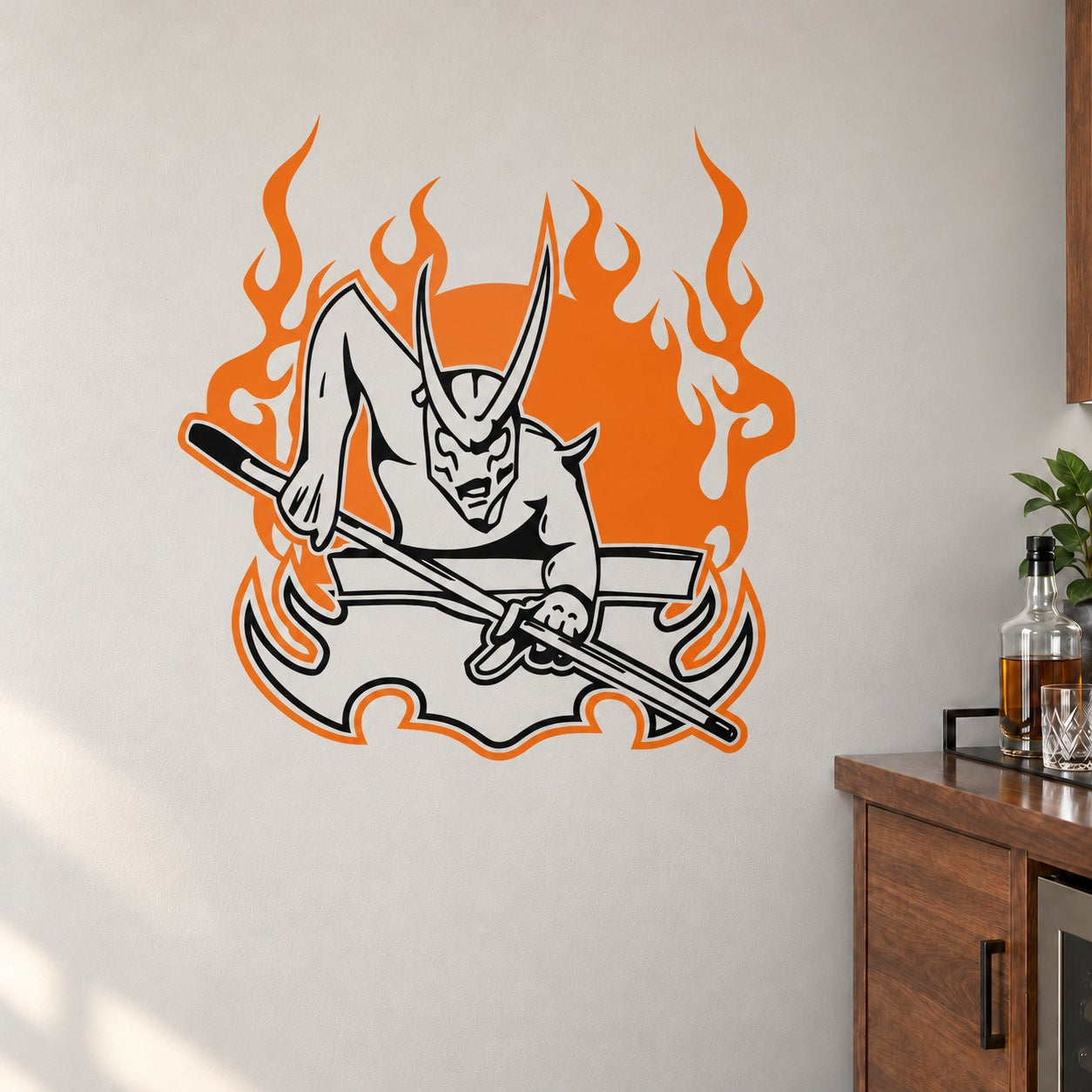 Crouching demon devil decal with orange flames and pool cue, white and black outline