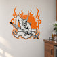 Crouching demon devil decal with orange flames and pool cue, white and black outline