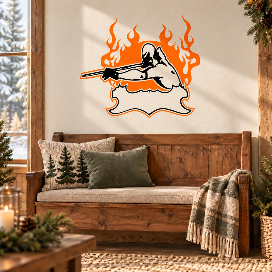 Flaming demon player decal in orange and black, striking pose