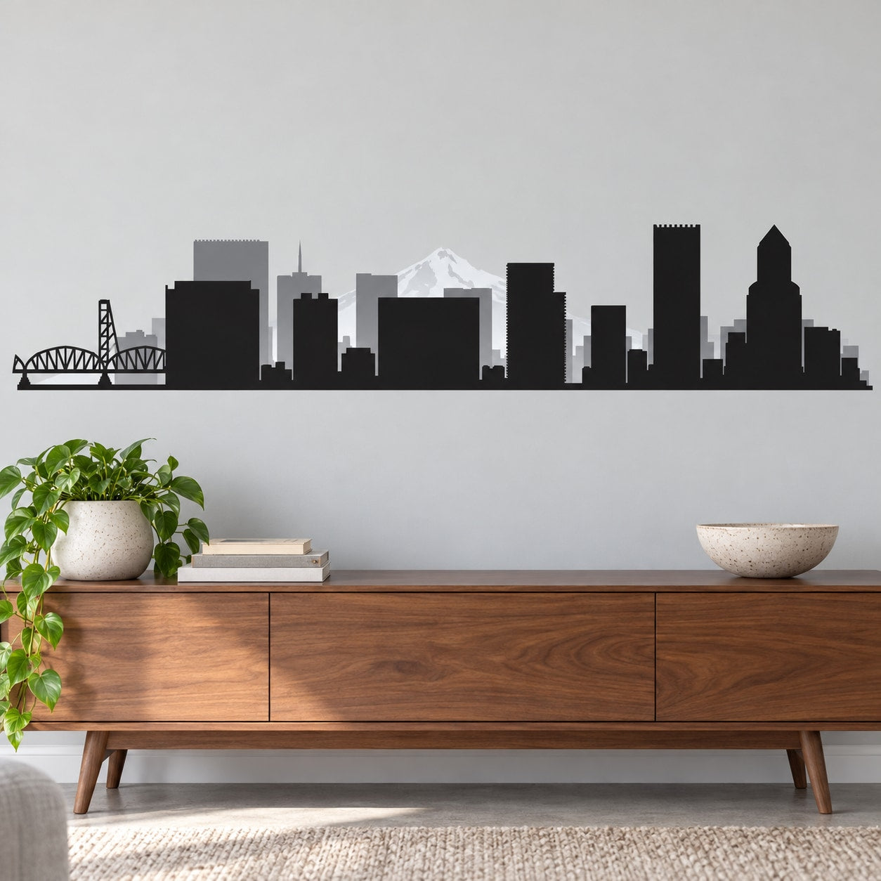 Portland skyline wall decal with dark city silhouette, bridge, and tall tower shapes