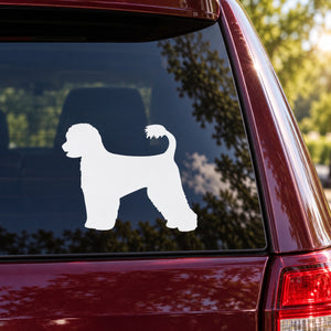 White Portuguese water dog silhouette decal on car window