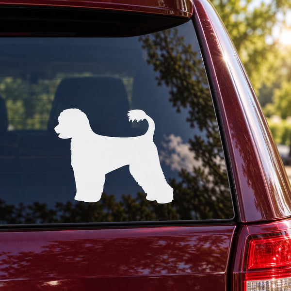 White Portuguese water dog silhouette decal on car window