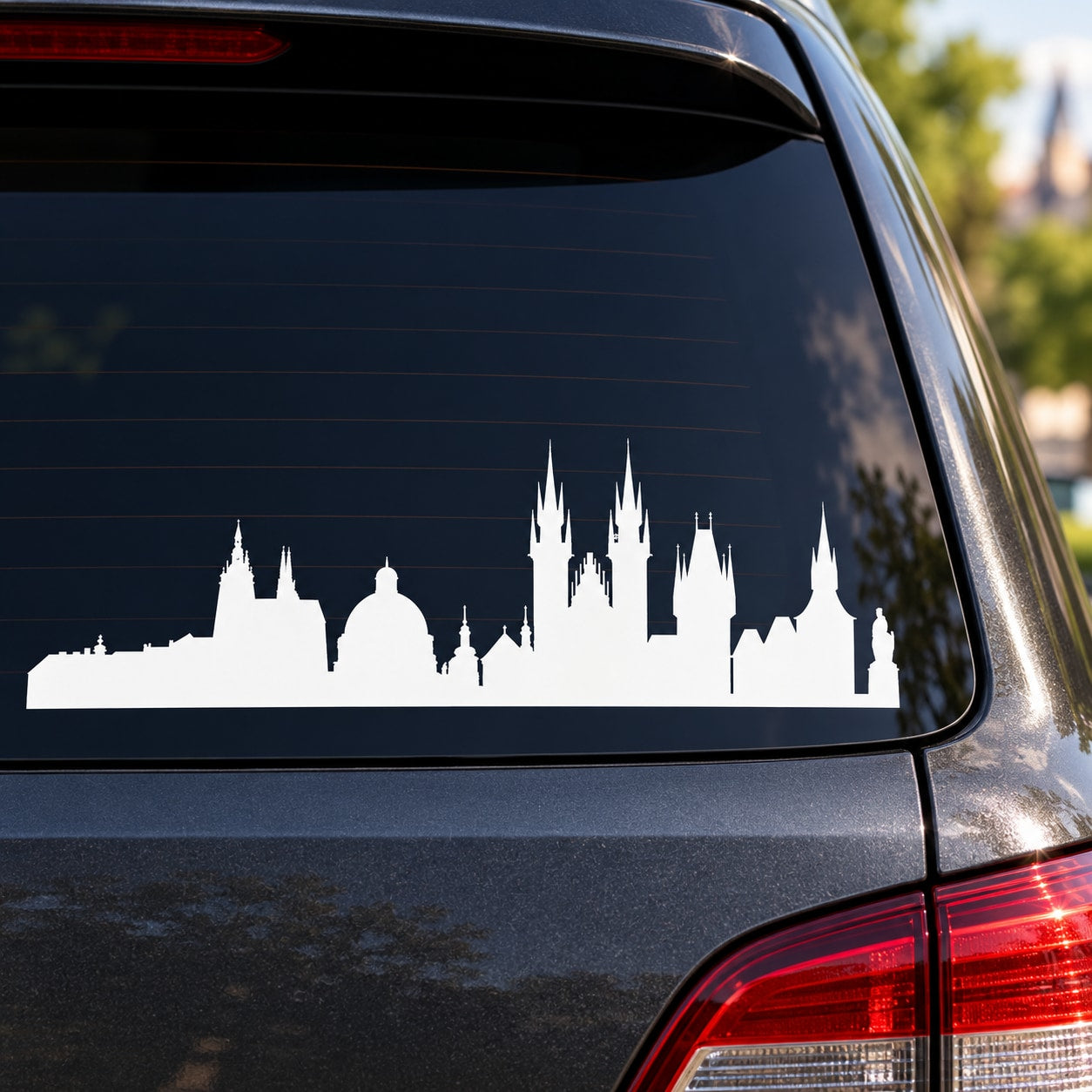 Prague Czech Republic skyline decal, white silhouette on car window