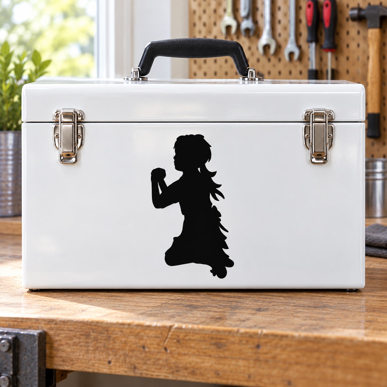 Black praying girl silhouette decal on a white surface
