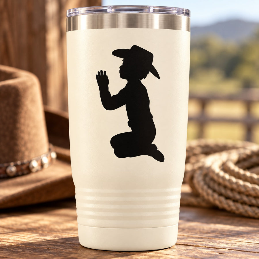Praying cowboy kneeling silhouette decal on white tumbler