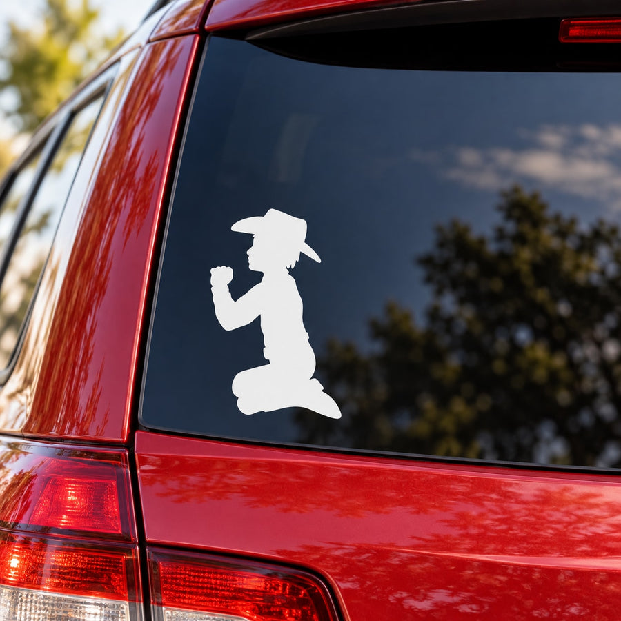 Praying boy decal sticker, white silhouette on car rear window