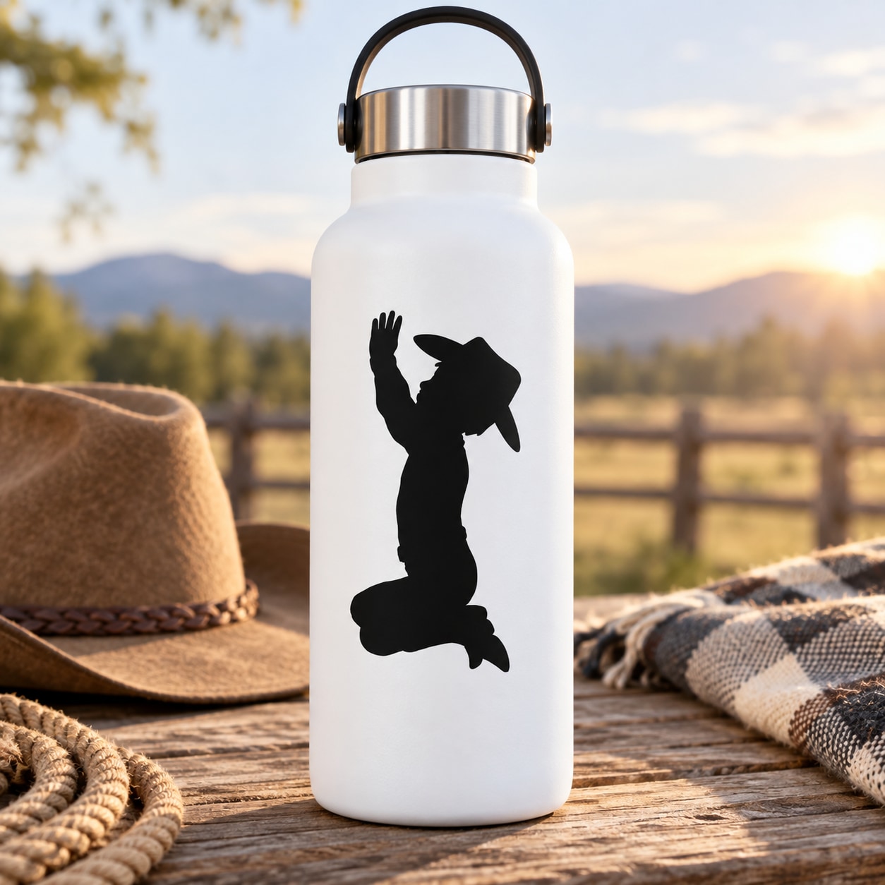 White water bottle with black praying cowboy decal