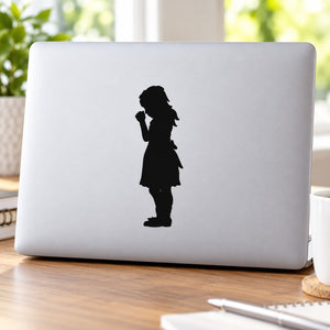 Praying girl silhouette decal, black on white laptop lid