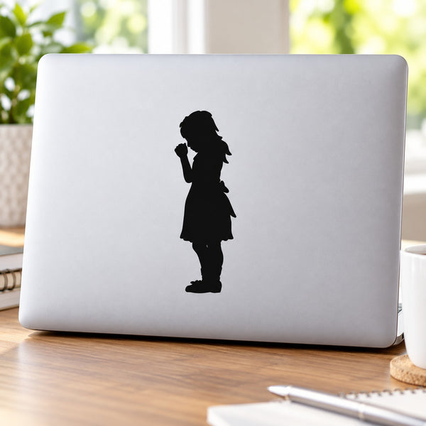 Praying girl silhouette decal, black on white laptop lid