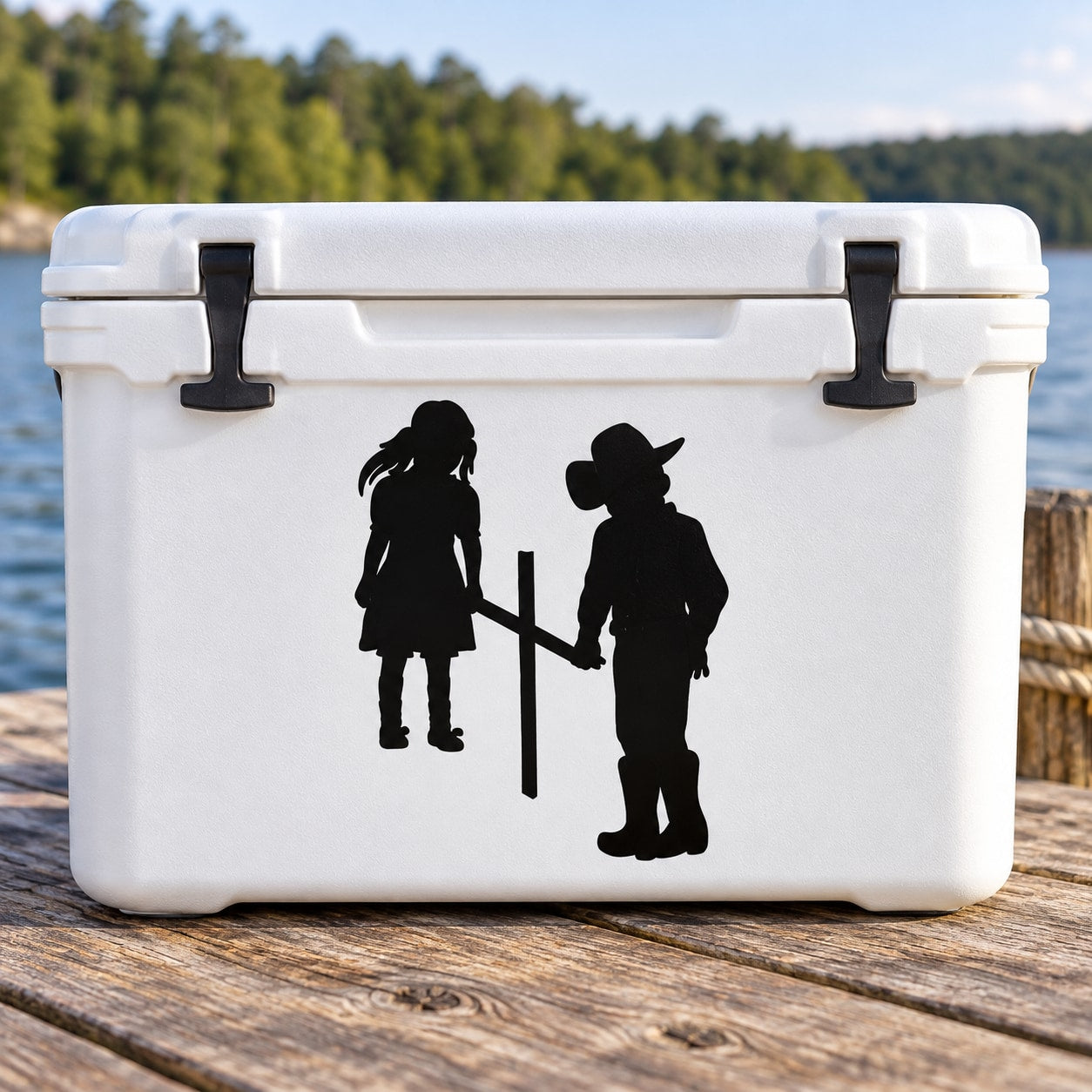 White cooler with black boy and girl praying to a cross decal
