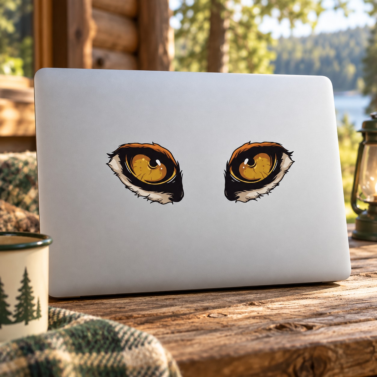 Tiger predator eyes sticker with two orange/yellow eyes on a white laptop lid