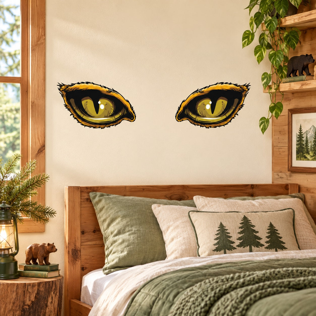 Pair of hawk eye wall stickers with yellow-green eyes and black outlines