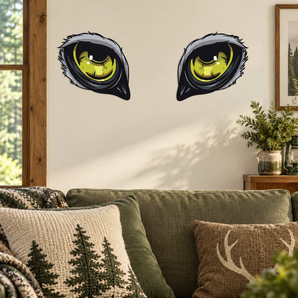 Owl predator eyes wall sticker set, two yellow-green glowing eyes with dark outlines.