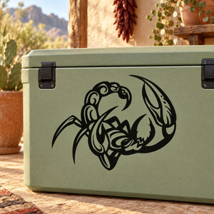 Black scorpion graphic decal on green surface, curled claws and tail