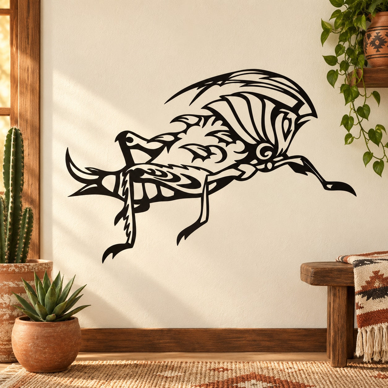 Black cricket wall decal with detailed line art