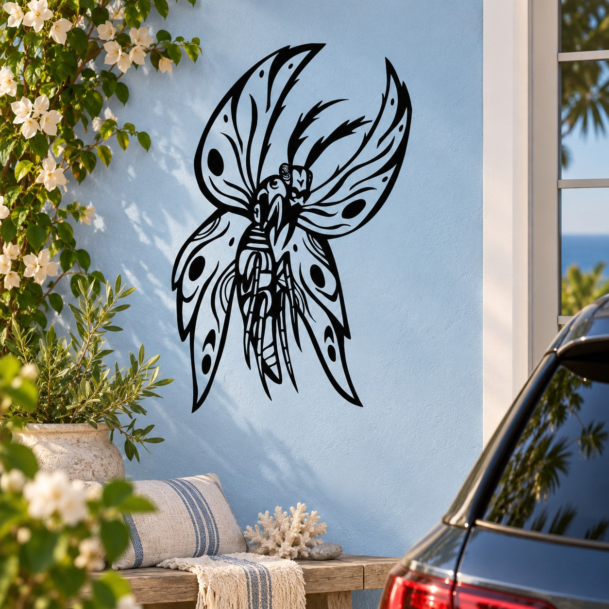Black butterfly vinyl wall decal with detailed wing line art