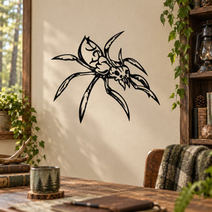 Black stylized spider wall decal with long legs and wings.