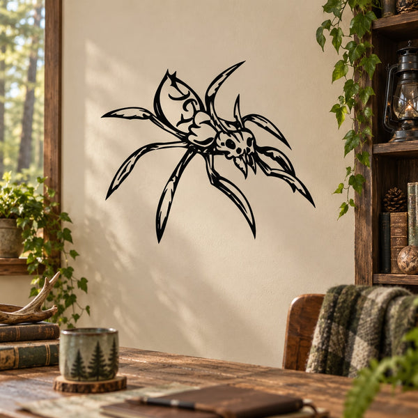 Black stylized spider wall decal with long legs and wings.