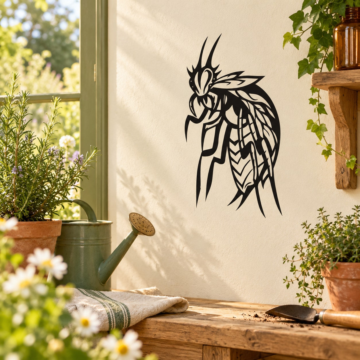 Creepy bee wall decal, black outline art with wings and antennae