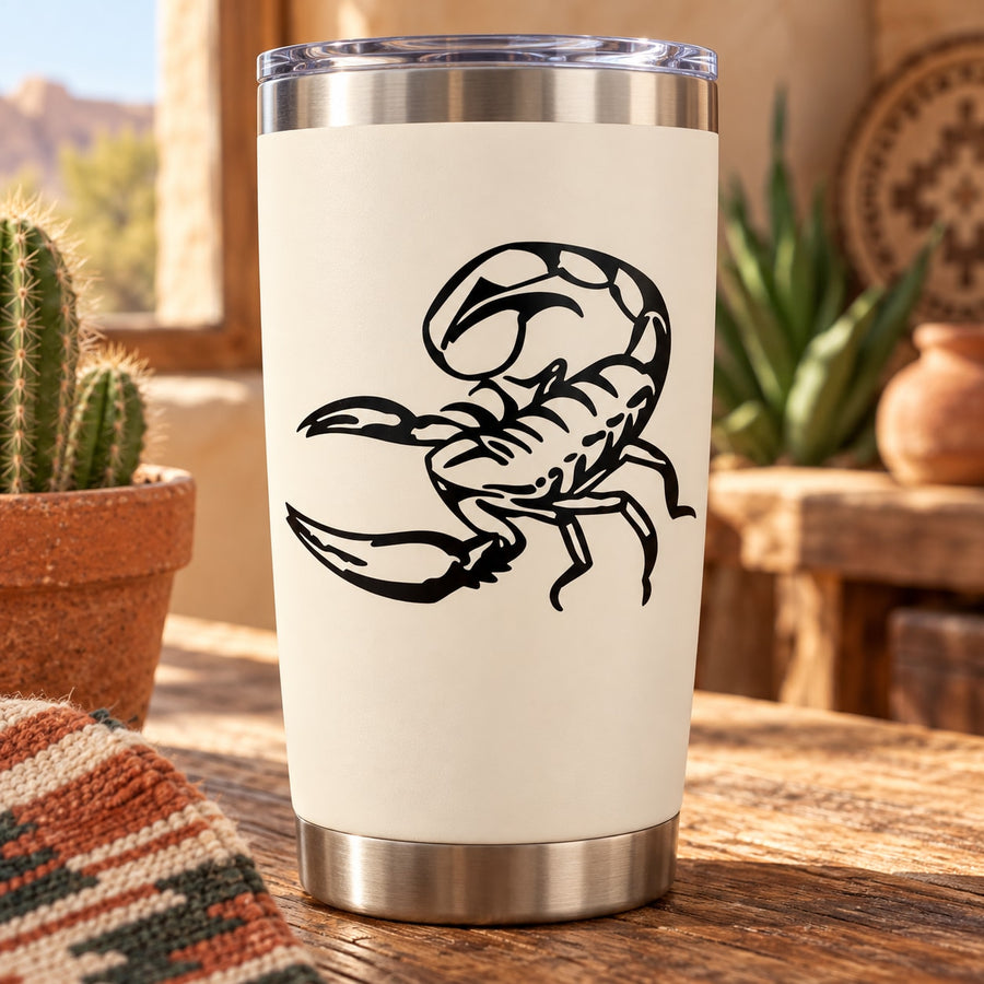 Stainless steel tumbler with black scorpion decal