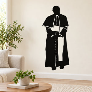 Catholic priest wall decal, black silhouette of standing priest in robe with cross