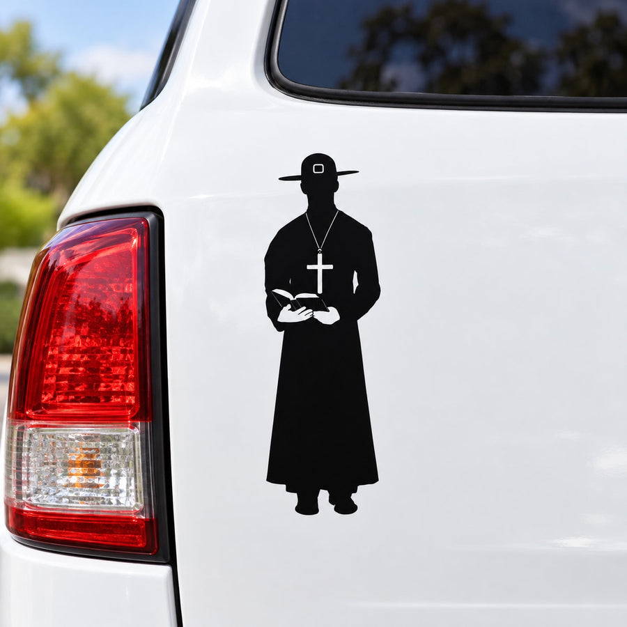 Black priest silhouette decal with cross and clasped hands