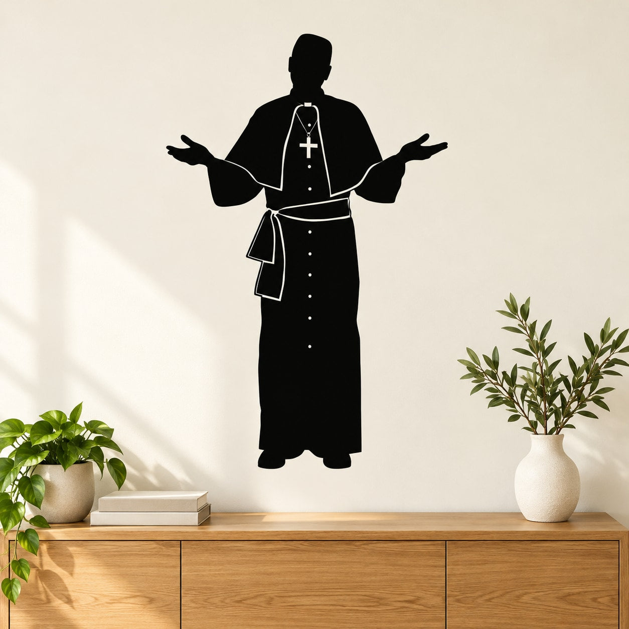 Catholic priest decal: black silhouette robe, open arms, cross pendant necklace