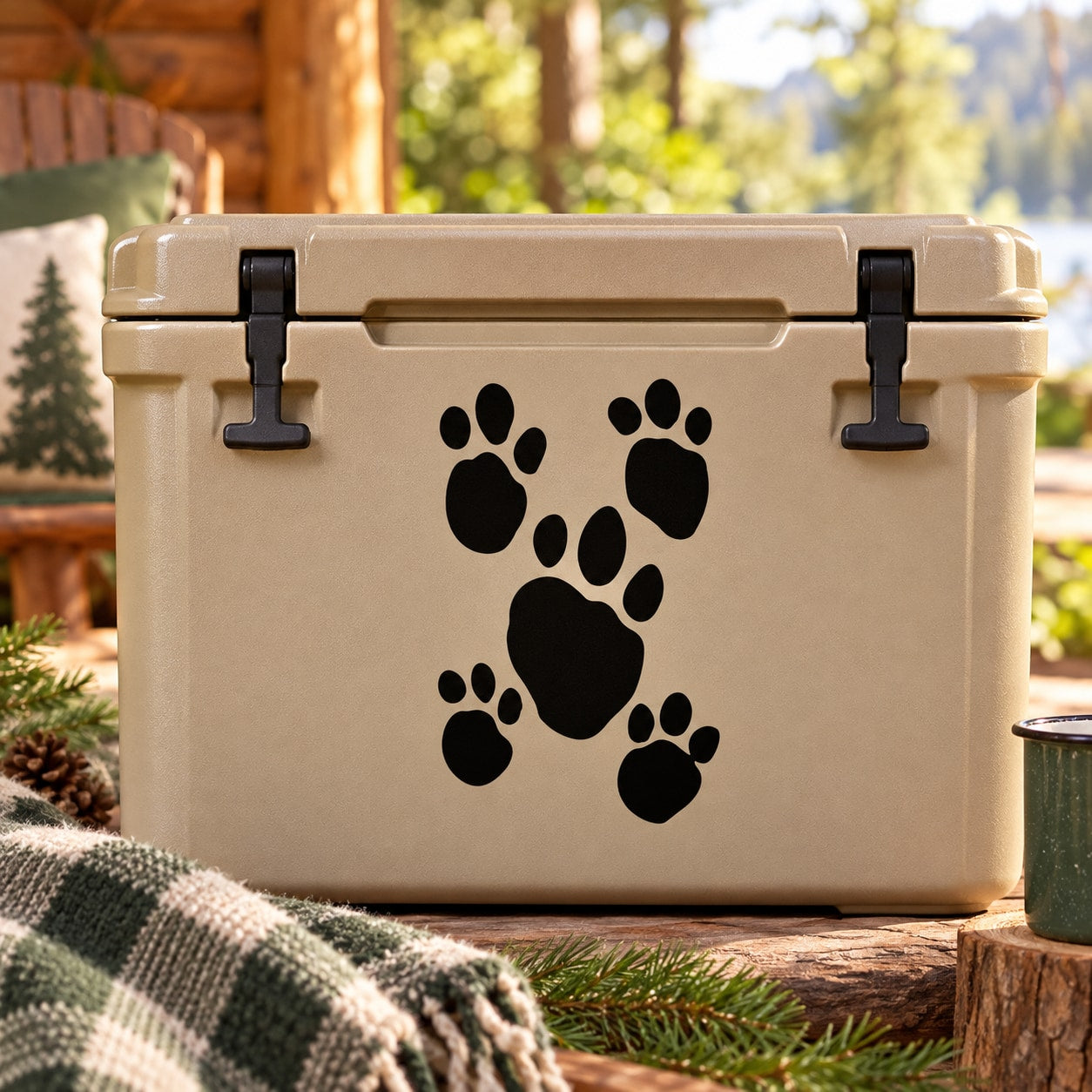 Black paw track decal with five paw prints on a tan cooler