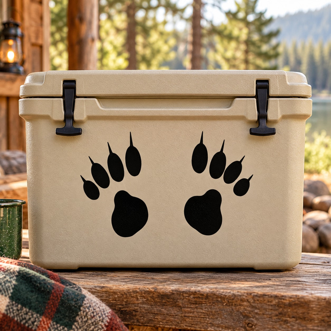 Mountain lion track-themed hard cooler, beige with paw-print graphics and snap latches