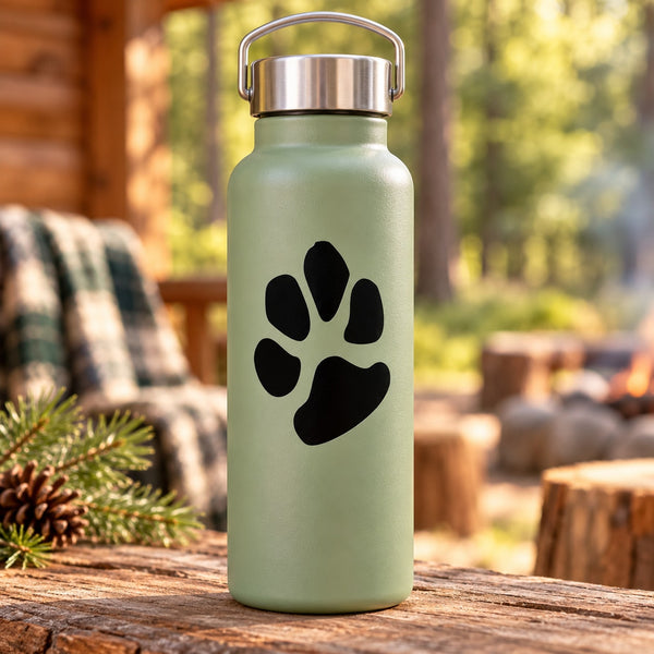 Light green water bottle with black paw print decal