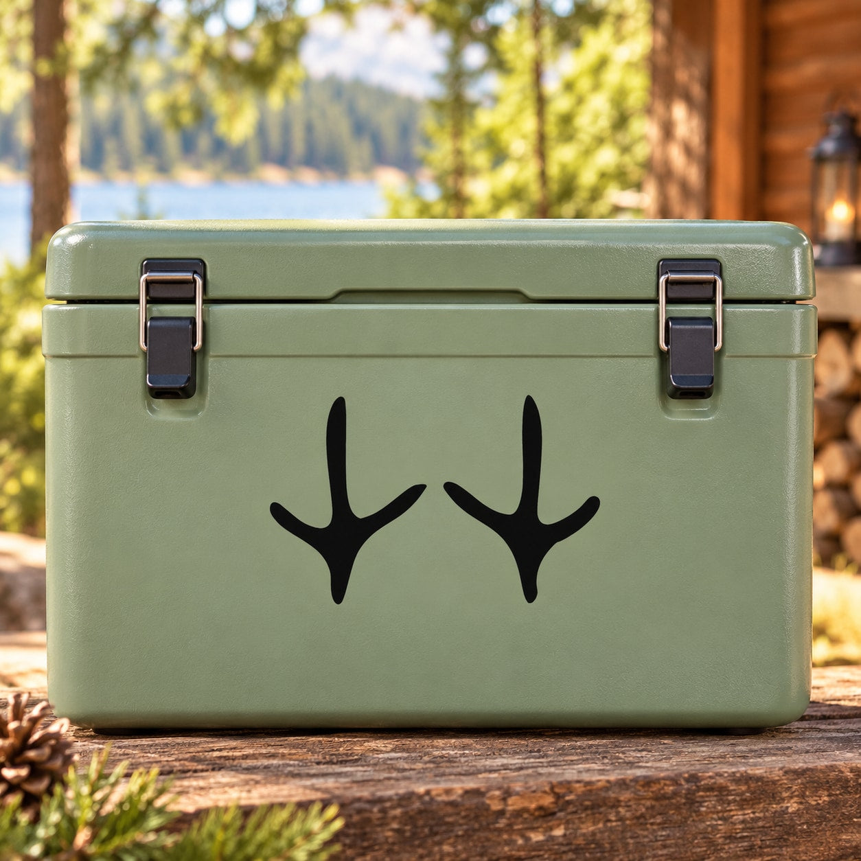 Dove track decal with two black footprint icons on a mint suitcase