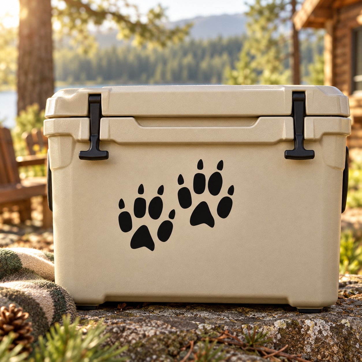 Black paw print track decal on a cooler lid