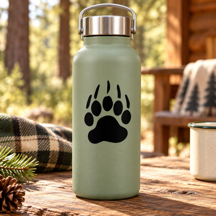 Bear paw decal on matte olive drink bottle