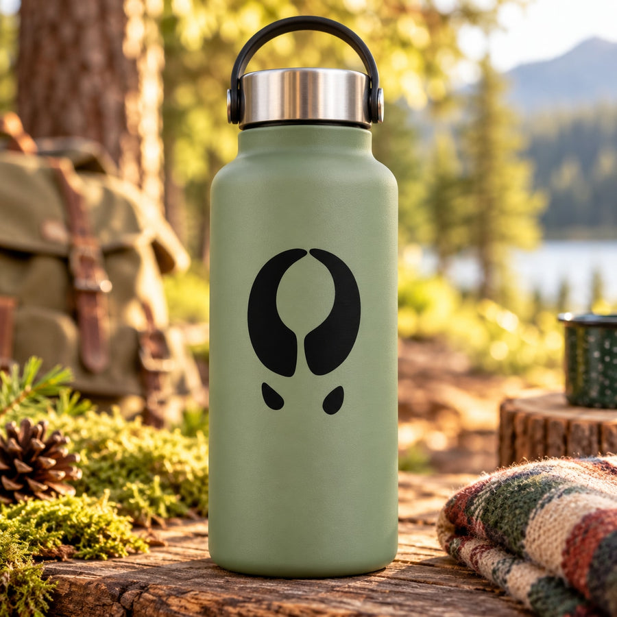 Black cow track decal on light green water bottle