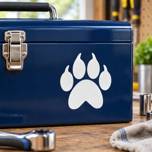 Cougar Claw track decal, white paw print design on blue surface