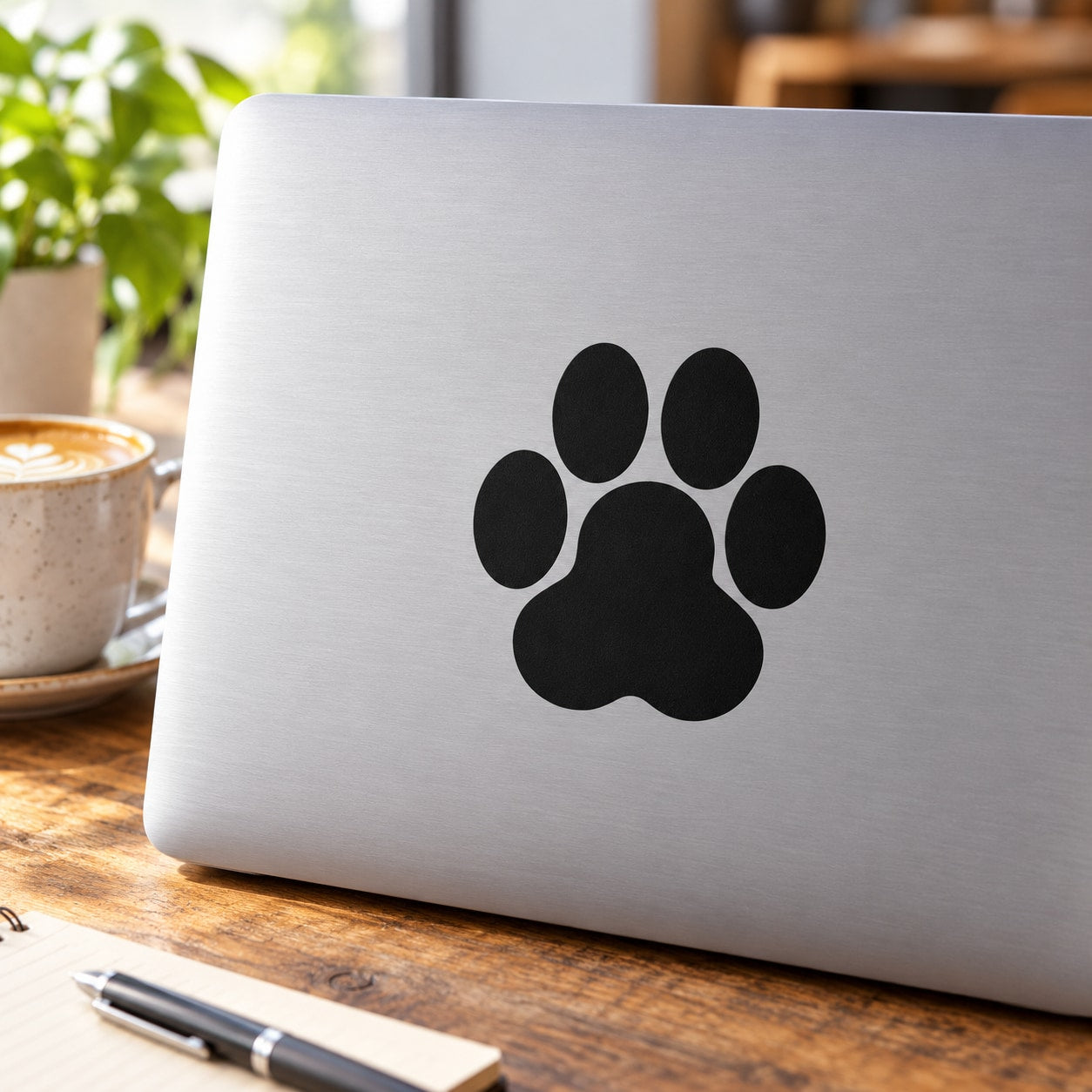 Puppy paw decal with black paw print icon on a light surface
