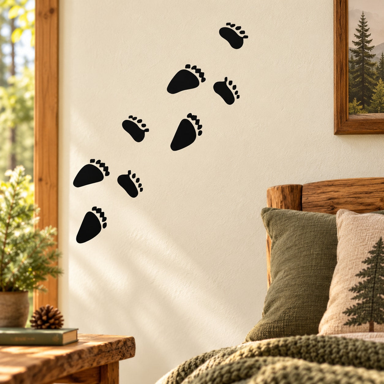 Black bear paw track decal stickers, arranged in a trail on a wall