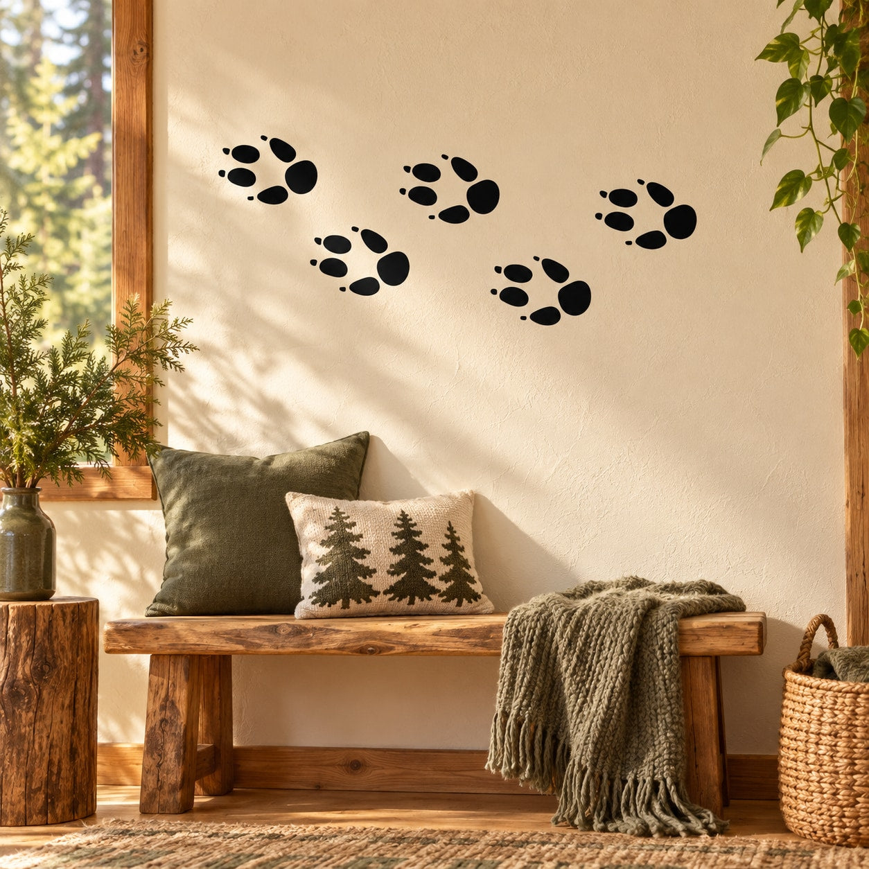 Black fox paw track decals with five paw prints on light beige surface