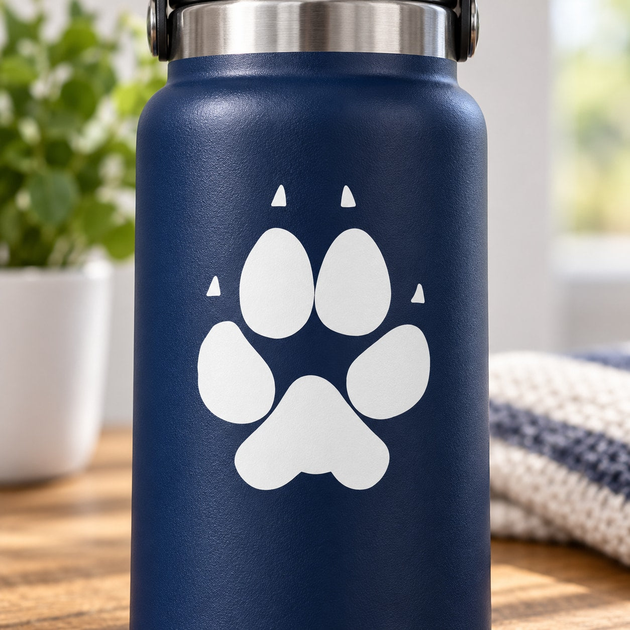 Dog paw print decal, white on blue surface