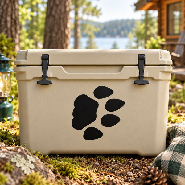 Bear paw track decal with black paw print on light surface